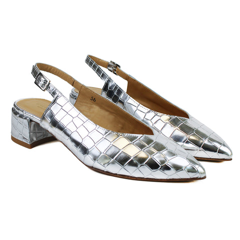 Slingback in silver metallic leather